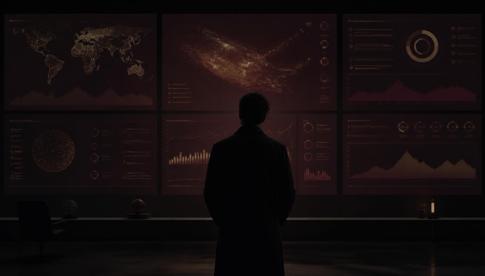 Une personne observe plusieurs tableaux de bord dans une pièce sombre