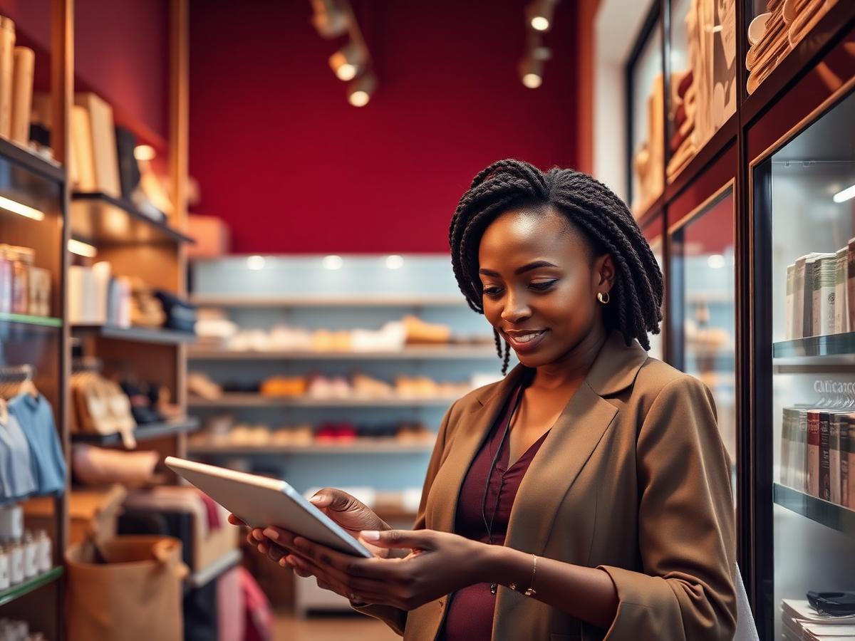 Commerçante guinéenne consultant ses ventes sur une tablette