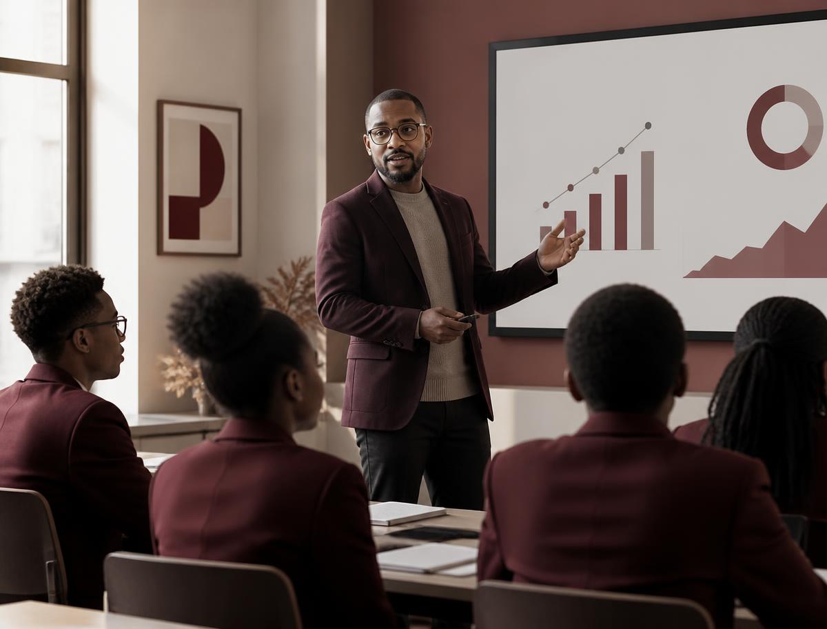 Enseignant présentant des indicateurs éducatifs à des étudiants