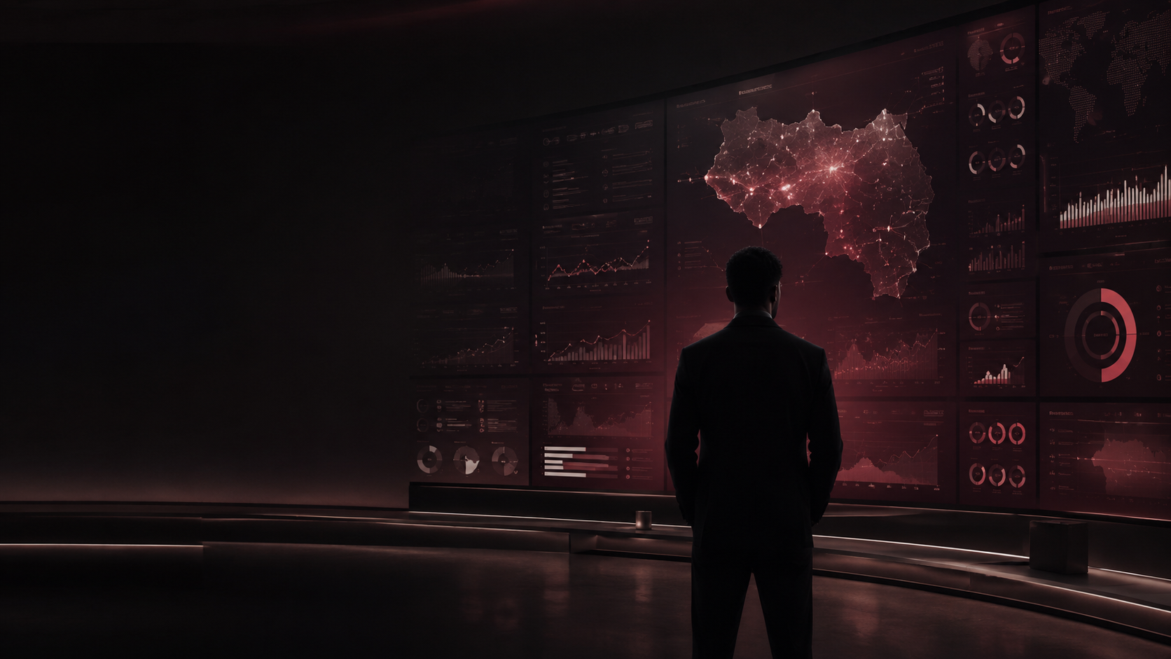 Analyste devant un mur de tableaux de bord